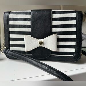 Betsey Johnson Bow Black & White Striped Crossbody Bag